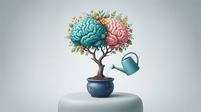 Conceptual image of a tree split into two sides with a watering can nearby
