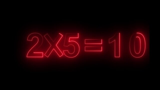 Arithmetic equation glowing in red neon light presents simple multiplication numbers against black backdrop to assist children learn elementary mathematics principles for classroom study.