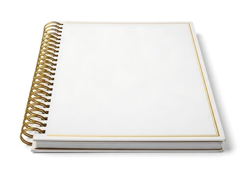 A white spiral bound notebook with gold trim
