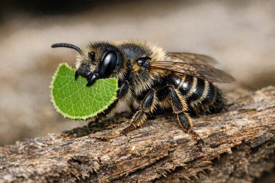 A close-up image of a bee holding a leaf in its mouth, highlighting its importance for pollination