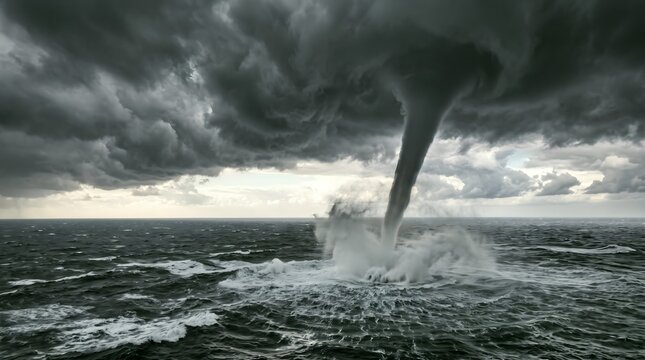 Dramatic waterspout tornado over ocean, powerful storm funnel touching dark sea, extreme weather and climate change concept