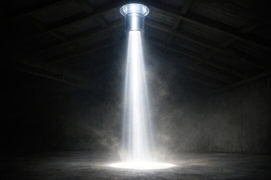A single beam of light shines down from the ceiling, illuminating a darkened space