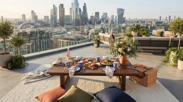 Outdoor dining table set on a rooftop terrace with a scenic view of the city skyline during a bright and sunny summer day