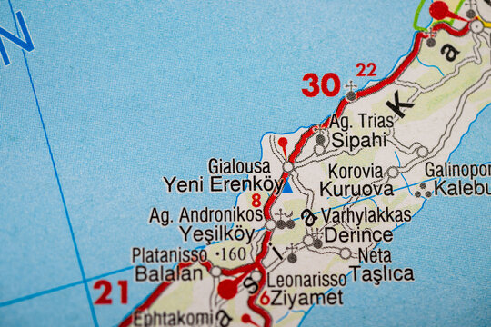 Close up of Yeni Erenkoy and Agios Andronikos Cyprus road map section.