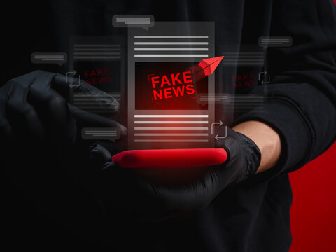 Fake news and AI misinformation concept featuring viral false content on social media, disinformation, fact checking, news verification, digital propaganda, media literacy, and information security.