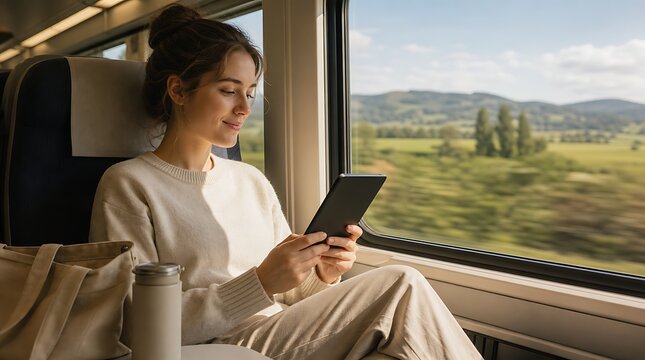 Young woman reading e-reader device while riding train past scenic countryside landscape, peaceful travel concept