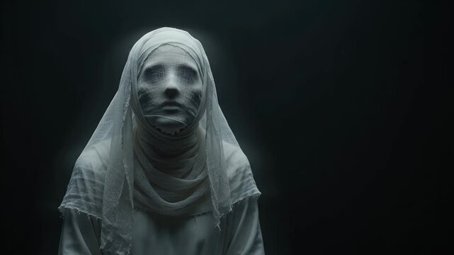 Horror, ghost and woman with face covered in gauze for halloween movie, thriller film and spooky mystery. Dark cinematic lighting, bandage veil and white fabric for haunting portrait and scene