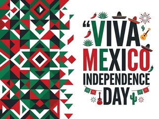 Obraz premium Viva mexico independence day celebration poster with geometric pattern and traditional mexican symbols like sombreros, guitars, and chili peppers