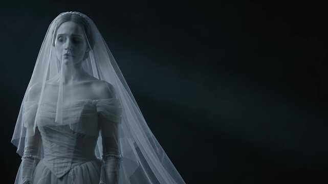 Ghost bride, woman and wedding dress in dark with veil, horror and spooky atmosphere for Halloween. Gothic lady, mourning and paranormal with mist, cinematic lighting and eerie feeling at night scene