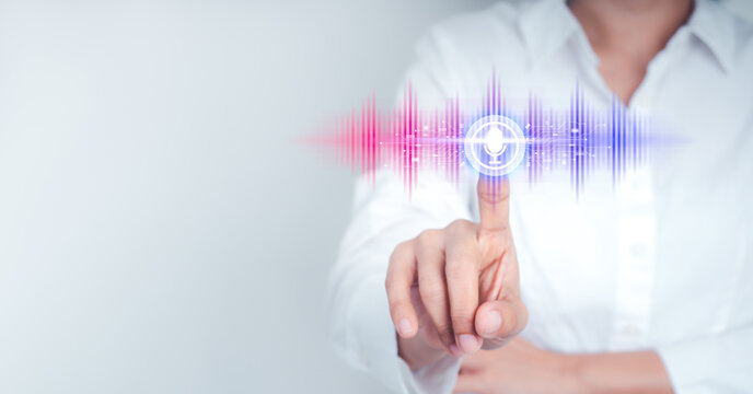 Business user interacting with AI voice assistant interface featuring speech recognition, natural language processing, large language model, voice commands, conversational AI, digital communication.