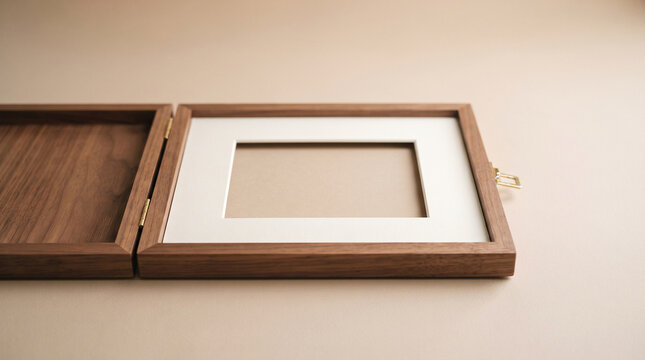 Open wooden box frame with a white mat board inside, displayed on a neutral beige ad social media download thambnail poster web template event festival 2026 2027 2028