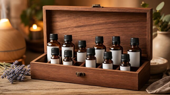 Amber glass essential oil bottles arranged in wooden organizer box near diffuser, serene spa aromatherapy mood