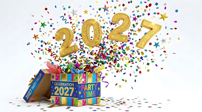 Golden two thousand twenty seven numbers dramatically erupt from a brightly colored gift box surrounded by a lively confetti burst for new year