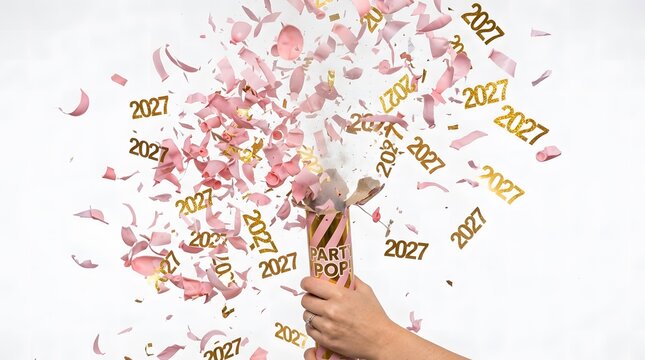 A human hand gently lets go of a vibrant burst of colorful confetti with celebratory years and numbers floating upwards into the bright