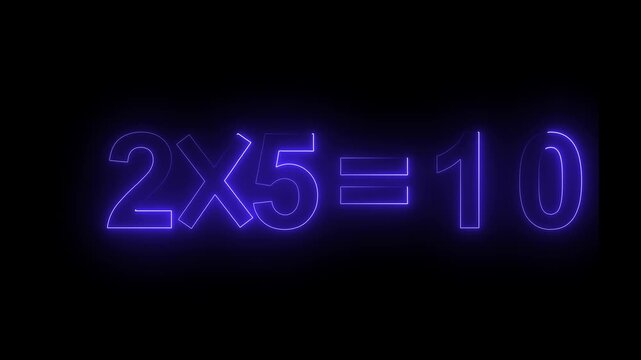 Multiplication equation glowing in purple neon light displays simple arithmetic numbers against dark background to help students learn basic mathematics concepts for school education and study.