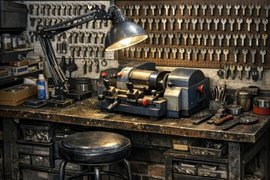 A workbench with various tools and a lamp, suitable for a DIY project or workshop scene