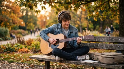 Fototapeta premium Young man playing guitar in autumn park