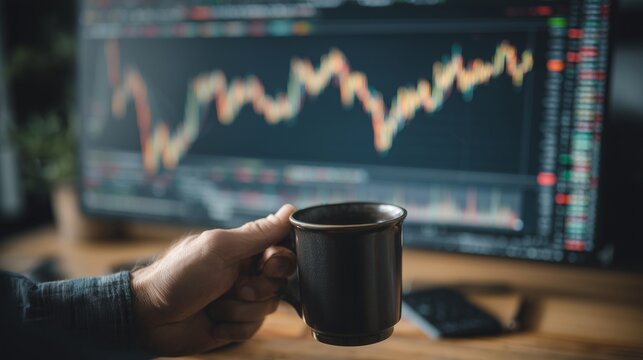 Day Trader Analyzing Financial Market Trends with Coffee Mug, Stock Trading, Wealth Management, Market Analysis