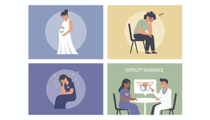 Fototapeta premium Informative four panel vector illustration showing pregnancy stages, maternal depression, and professional fertility guidance.