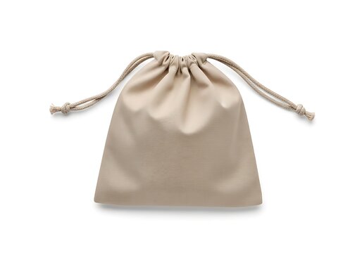 A small beige drawstring bag on a white background