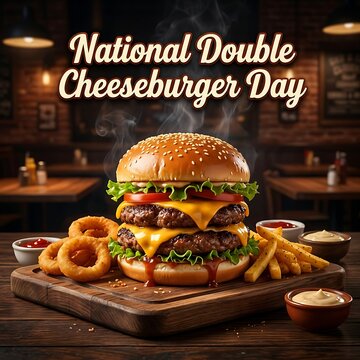 National double cheeseburger day promotional poster featuring a steaming, juicy double cheeseburger with onion rings and fries on a wooden serving board