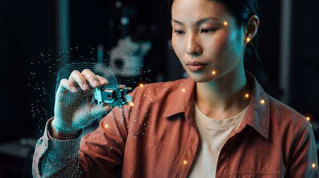Technician holding a circuit board scanned by augmented reality data