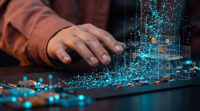 Hand interacting with a digital circuit board data visualization