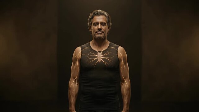 Future technology, man and cybernetic wings for innovation, high tech inspiration and human performance. Athlete, digital fiber and bio-enhancement with energy, strength and modern wellness growth.