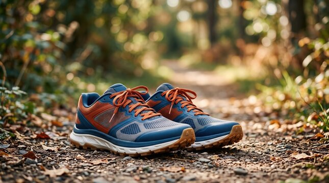 Pair of trail running shoes on forest path