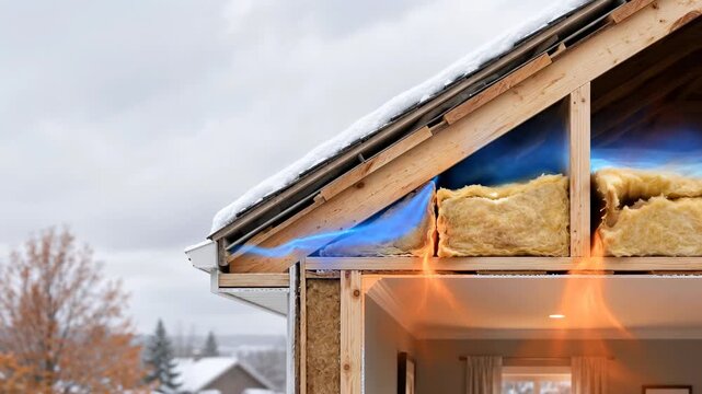 Roof insulation cutaway shows escaping heat in winter, thermal efficiency concept for energy-saving home construction