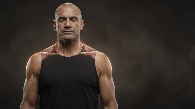 Fit muscular man, athlete and trainer in dark gym with smoke, strength and power for sports marketing. Bodybuilder, fitness and exercise in studio with active motivation, health and workout body goal