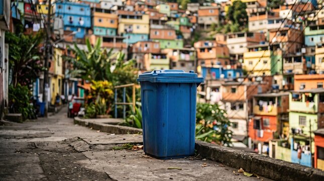 Recycling bin in colorful favela