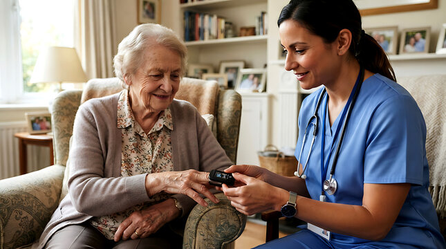 Nurse checking blood oxygen level of senior woman at home with pulse oximeter device