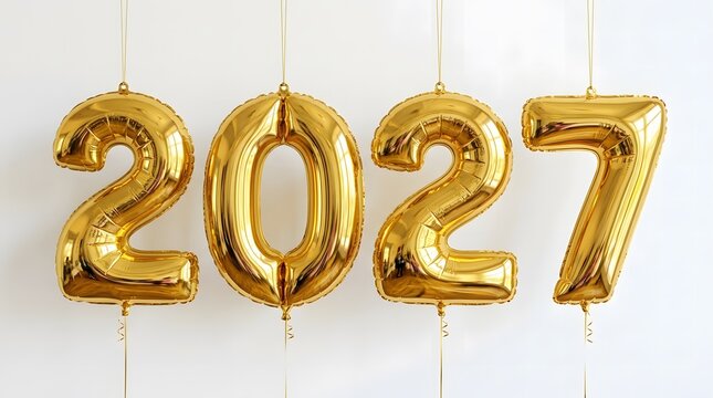 Shiny golden foil balloons are arranged to clearly display the year two thousand twenty seven against a clean bright white backdrop for new