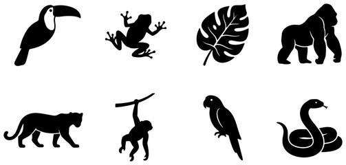 Naklejka premium Jungle Wildlife Silhouette Icons: Toucan, Frog, Panther, Monkey, Gorilla, Parrot, Snake, Tropical Leaf Set