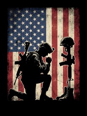 Fototapeta premium Silhouette of soldier kneeling in remembrance before battlefield cross memorial