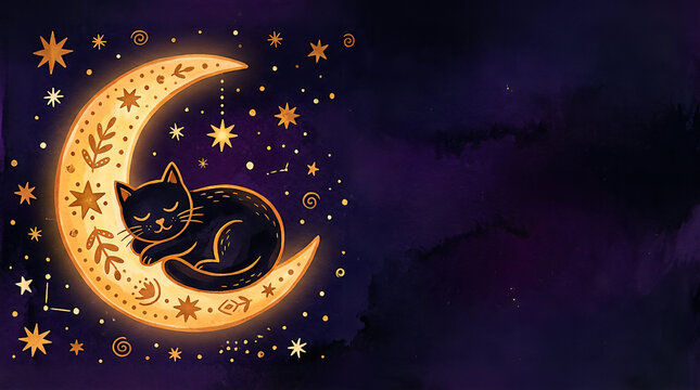 Cute black cat sleeping on a glowing crescent moon surrounded by stars with copy space on dark purple watercolor background for Halloween