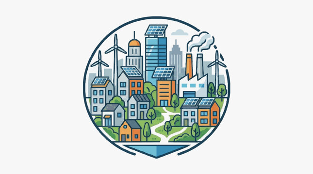 Sleek of Eco Friendly City with Solar Panels Wind Turbines and Green Architecture Surrounded by Nature