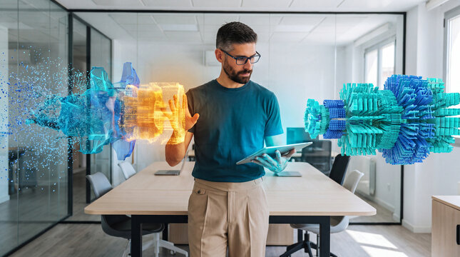 Developer analyzing an abstract holographic data sculpture on a tablet