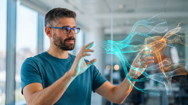 Two hands shaping a glowing holographic data ribbon