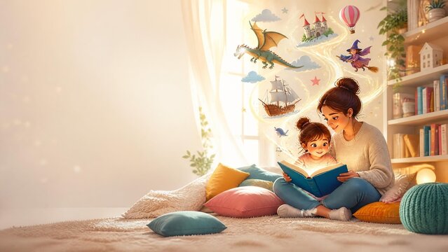 Mother and Child Reading Together with Imaginary Story World