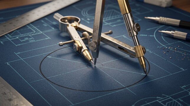 Drafting tools creating a circle on blueprints in a design studio  