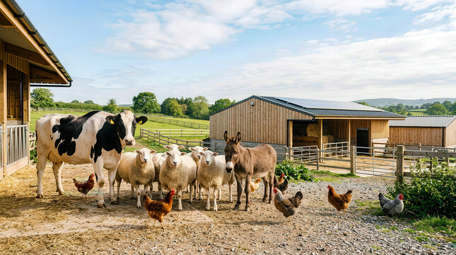Farm animals gather outside near wooden barn buildings on a sunny day.