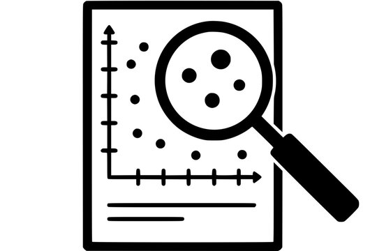 Magnifying Glass Over Statistical Scatter Plot Report Black and White Vector Silhouette Icon