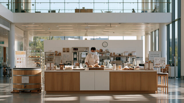 A broad hospital atrium reveals a home economics bread baking demonstration station where a baker loads sourdough loaves beside a rainwater barrel exhibit on sustainability, warm