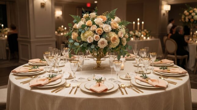 Elegant wedding reception dinner table setting with floral centerpiece and gold plates in a luxury banquet hall
