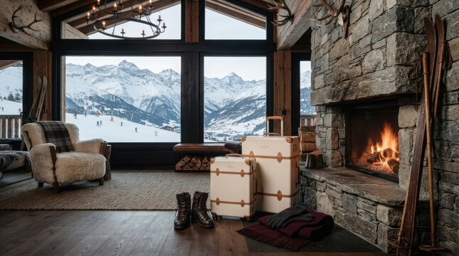 Vintage suitcases and winter boots inside a cozy mountain lodge with a burning fireplace and a view of snow covered ski slopes