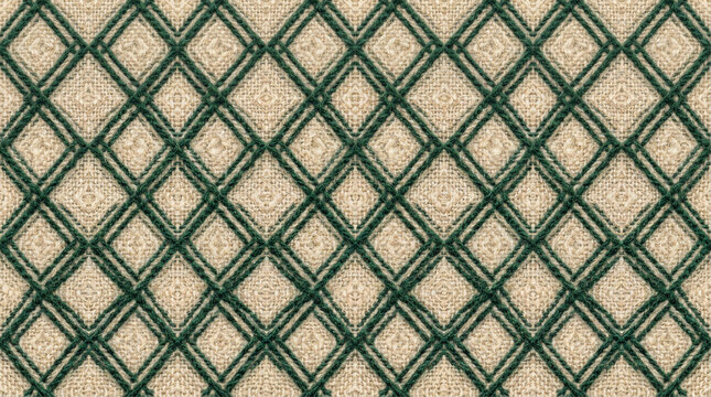 Seamless dark green and cream beige diamond argyle geometric pattern fabric texture background, repeat design.