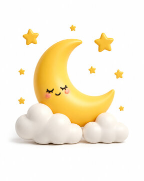 Cute 3D sleepy crescent moon with clouds and stars isolated on white