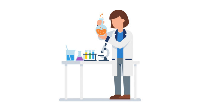 Flat vector illustration of a female scientist in a white lab coat conducting an experiment in a chemistry laboratory with a microscope, beakers, and colorful test tubes on a white background.